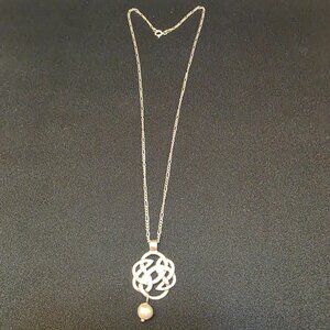 925 Sterling Silver Vintage Celtic Knot Drop Pendant pearl figaro chain 18 inch